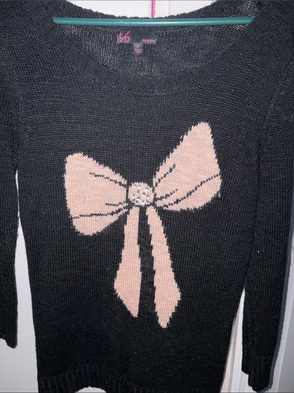 t/o Black Crewneck Sweater with Pink Bow Graphic